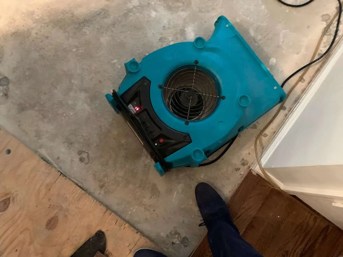 Air mover drying subfloor during Commercial Water Damage Restoration in Blackhawk